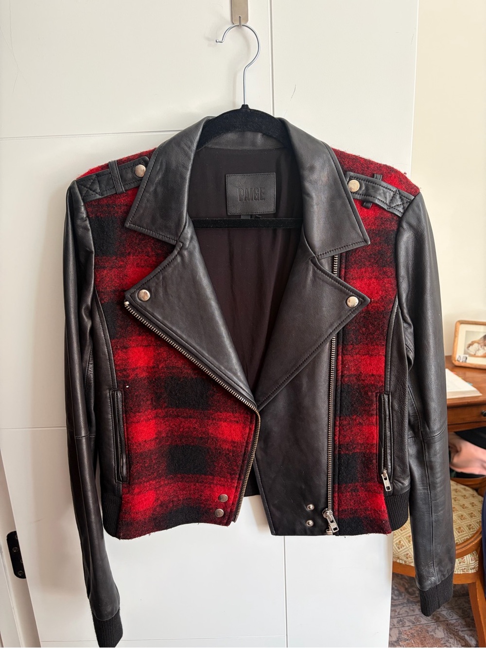 PAIGE Black Leather & Red Plaid Moto Jacket